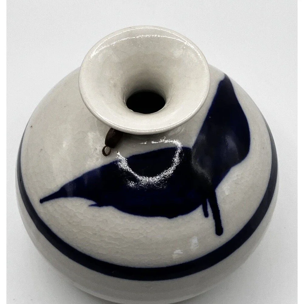 Vintage Roger Butler White  W/Cobalt Blue Feather Design Pottery Vessel/Vase